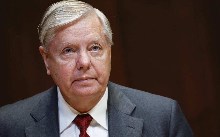 Sen. Lindsey Graham, R-S.C., listens during a hearing on the fiscal year 2023 budget for the FBI in Washington, on May 25, 2022. Graham has challenged a subpoena to testify before a special grand jury that’s investigating whether then-President Donald Trump and others broke any laws when they tried to overturn Joe Biden’s win in Georgia.