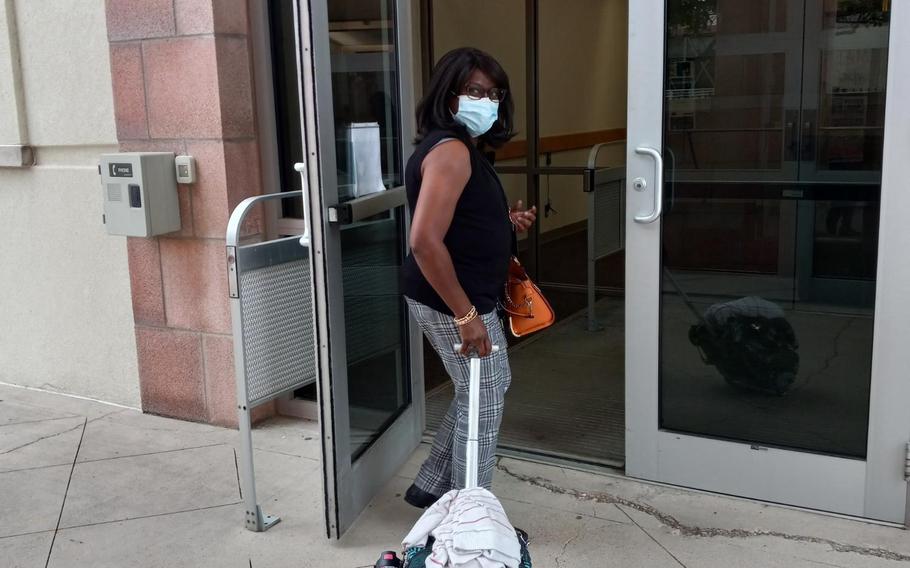 Candice Velazquez, a government information specialist for Air Force Installation and Mission Support Center at Joint Base San Antonio, Texas, enters the organization’s main building recently. Based on the successes of telework during the coronavirus pandemic, AFIMSC is allowing for up to 70% telework for employees, including Velazquez.