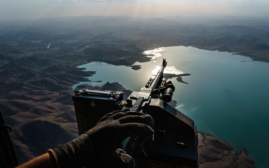 The outlook for Afghan’s air force is in doubt now that the U.S. and NATO are pulling out of the country. A UH-60 Blackhawk passes Arghandab Dam after a mission north of Kandahar, Afghanistan.