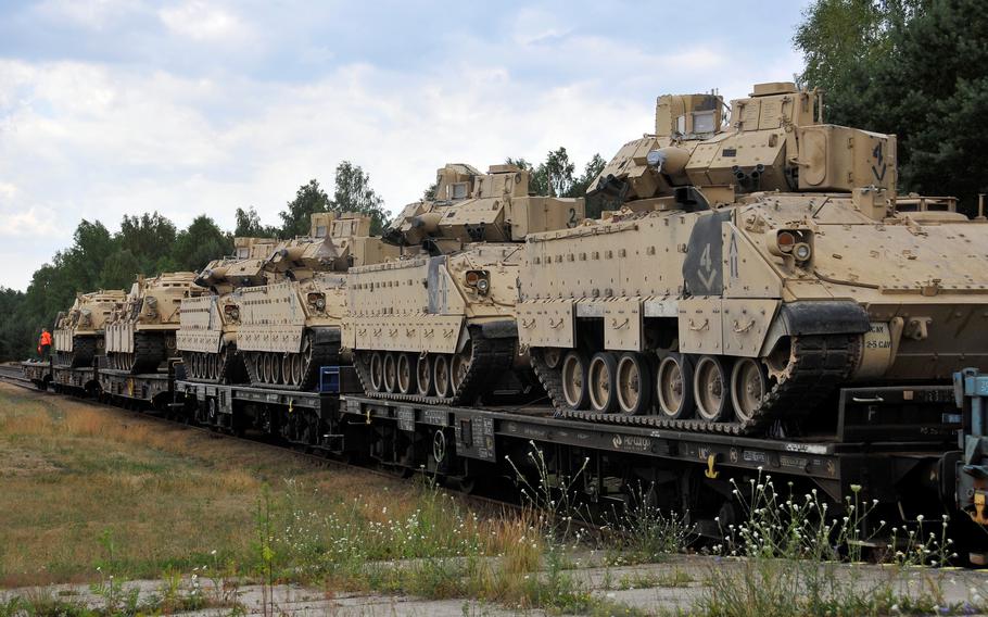 Soldiers from 1st Armored Brigade Combat Team, 1st Cavalry Division, load their vehicles and equipment during Atlantic Resolve at Zagan, Poland, in 2018. At the time, concern of provoking Russia was likely the major factor that kept the U.S. from upgrading a mission meant to deter Moscow to a contingency operation.