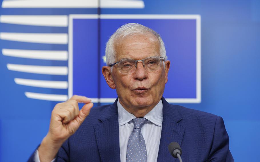 EU Foreign Policy Chief Josep Borrell speaks to the press after a meeting of EU defence ministers at the European Council building in Brussels in Brussels, Tuesday, May 17, 2022. Western European powers are pressing Iran to agree to a revival of its 2015 nuclear deal after a months-long standstill in negotiations, warning that what’s on the table now is “the best possible deal.” Borrell, who has chaired long-running talks in Vienna, tweeted Wednesday, July 27, 2022 that “now is decision time if we are to save the Iran Nuclear Deal.”