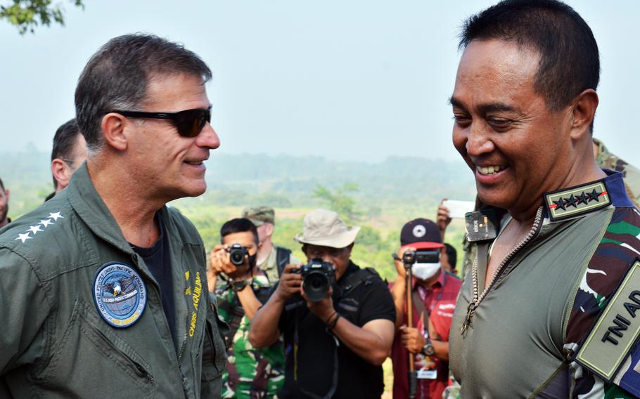 Adm. John Aquilino, who leads U.S. Indo-Pacific Command, got a warm welcome from Gen. Muhammad Andika Perkasa, head of the Indonesian armed forces, when the pair met at Indonesia’s largest military training area, Friday, Aug. 12, 2022. 