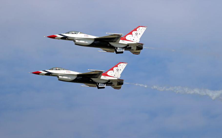 The U.S. Air Force Thunderbirds perform at the Cleveland National Air Show. The Cleveland National Air Show takes place Labor Day weekend at Burke Lakefront Airport.