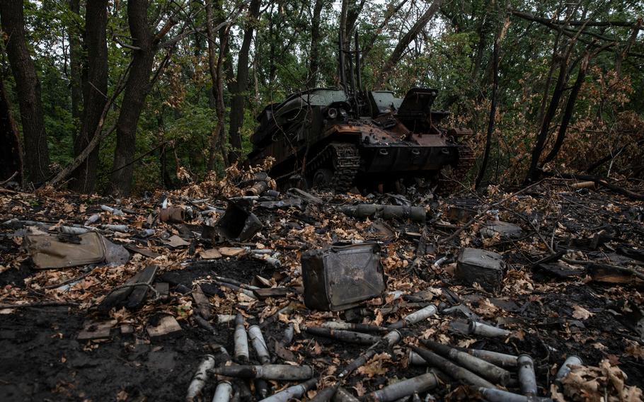 A Russian military vehicle and ammunition left behind in the Kharkiv region after Ukraine’s armed forces carried out a surprise counteroffensive.