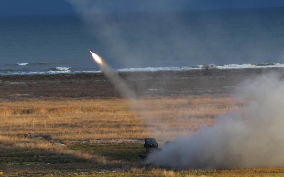  A U.S. M142 High Mobility Artillery Rocket System fires its rockets into the Black Sea during Exercise Rapid Falcon Nov. 19, 2020 at Capu Midia, Romania. This was 1st Battalion, 77th Field Artillery Regiments second live fire event since reactivation just 90 days ago and was the first time U.S. forces, in cooperation with Romanian allies, ever fired HIMARS from land into the Black Sea.

 H. Marcus McGill/U.S. Army