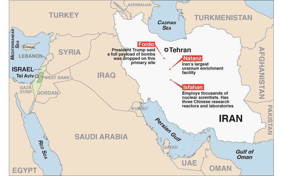 A map of the Middle East, showing the site the U.S. bombed in Iran.