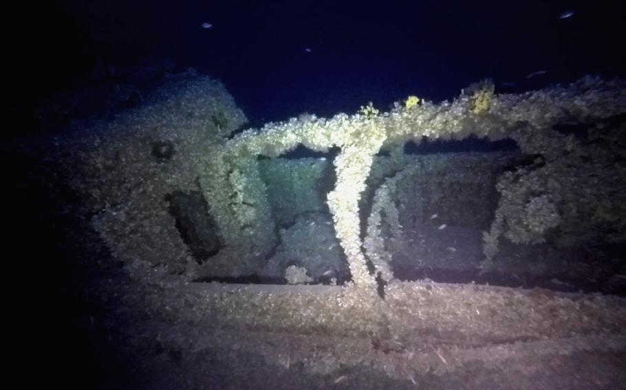 A submarine wreck in the Aegean Sea, photographed by a remotely piloted submersible. 