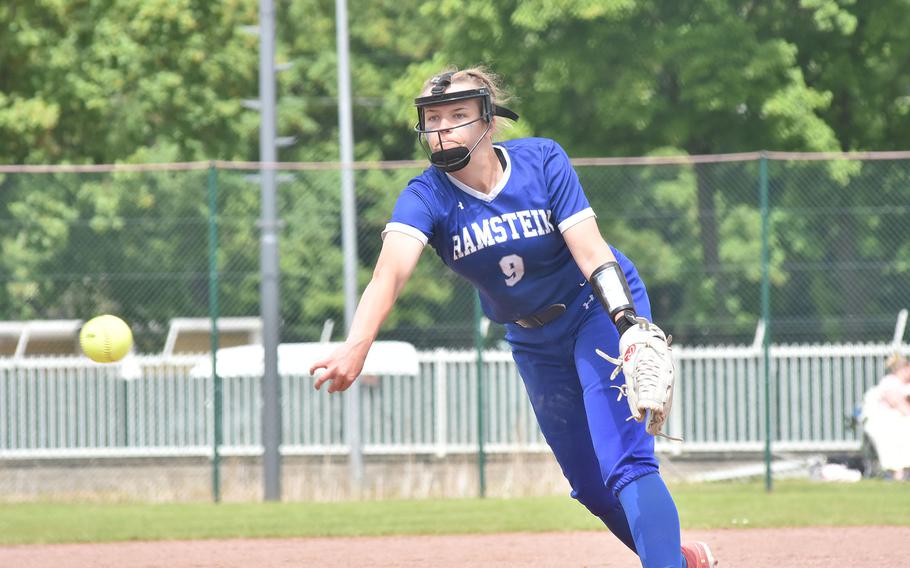 Ramstein ace Madison Mihalic slings the ball toward home in the DODEA-Europe Division I softball championship game Saturday, May 20, 2023, at Kaiserslautern, Germany.