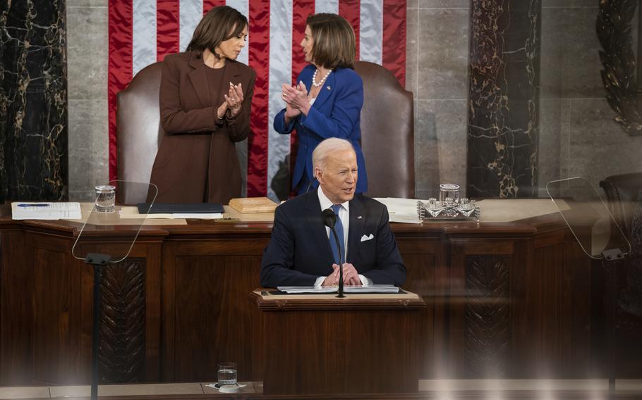 President Joe Biden delivers his first State of the Union address to a joint session of Congress at the Capitol, Tuesday, March 1, 2022, in Washington. 