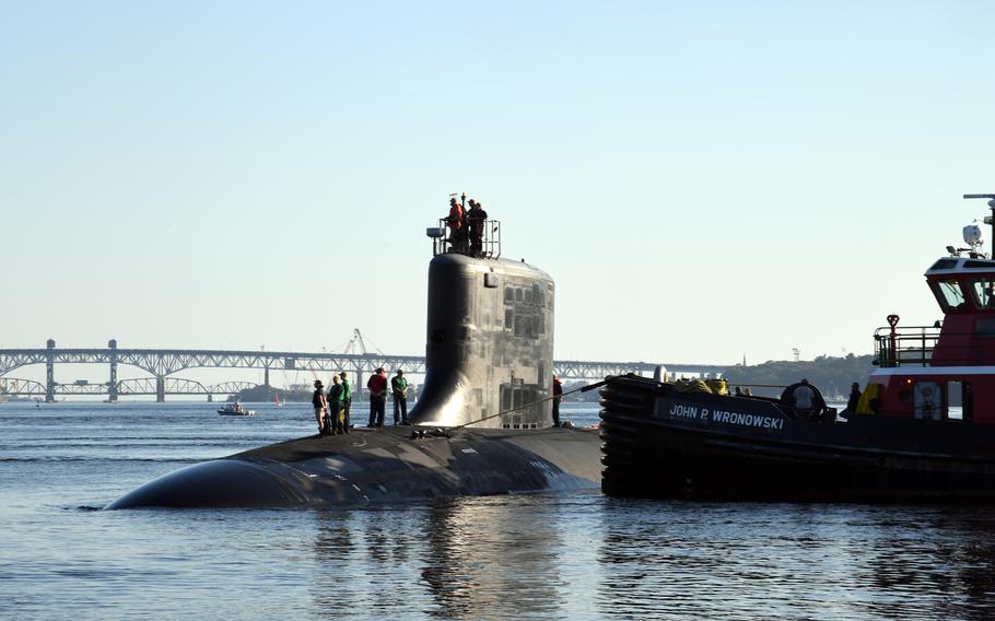 The future USS Hyman G. Rickover transits the Thames River on its way to Naval Submarine Base New London in Groton, Conn., on Oct. 3, 2023. 