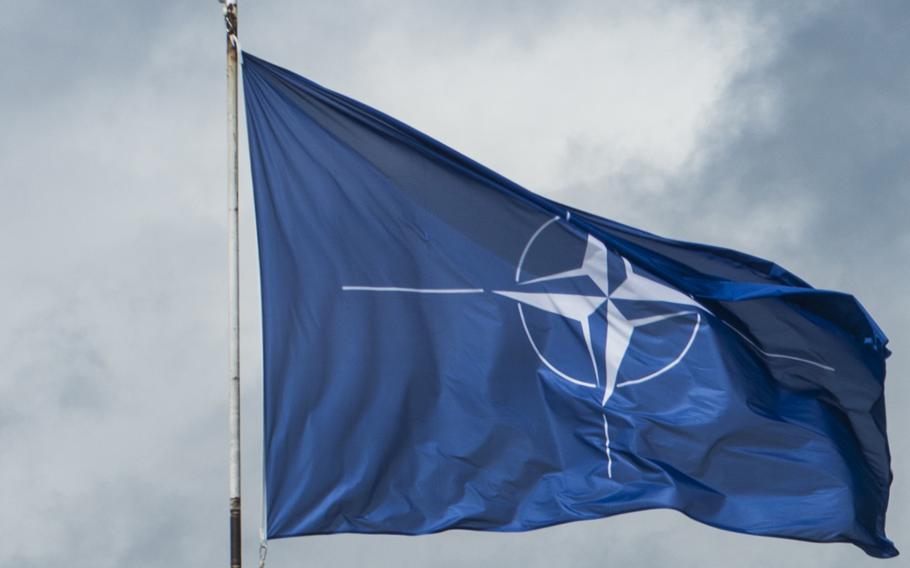 A flag is shown during the change of command ceremony for the supreme allied commander Europe at Supreme Headquarters Allied Powers Europe in Brussels, May 14, 2013.