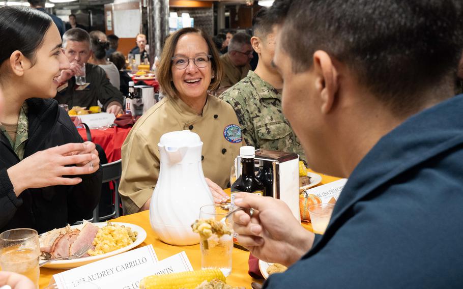 Chief of Naval Operations Adm. Lisa Franchetti celebrates Thanksgiving with sailors aboard the USS Ronald Reagan at Yokosuka Naval Base, Japan, Thursday, Nov. 23, 2023.