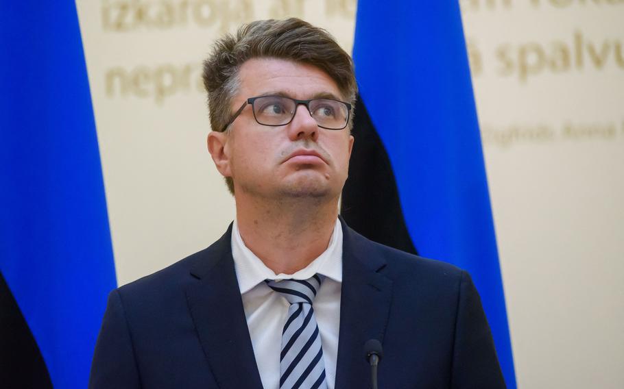 Urmas Reinsalu, Minister of Foreign Affairs of Estonia, during a news conference with his counterparts from Poland, Finland and Latvia, marking the 100th anniversary of Latvia-Russia peace treaty in Riga, Latvia, on Aug. 11, 2020. 