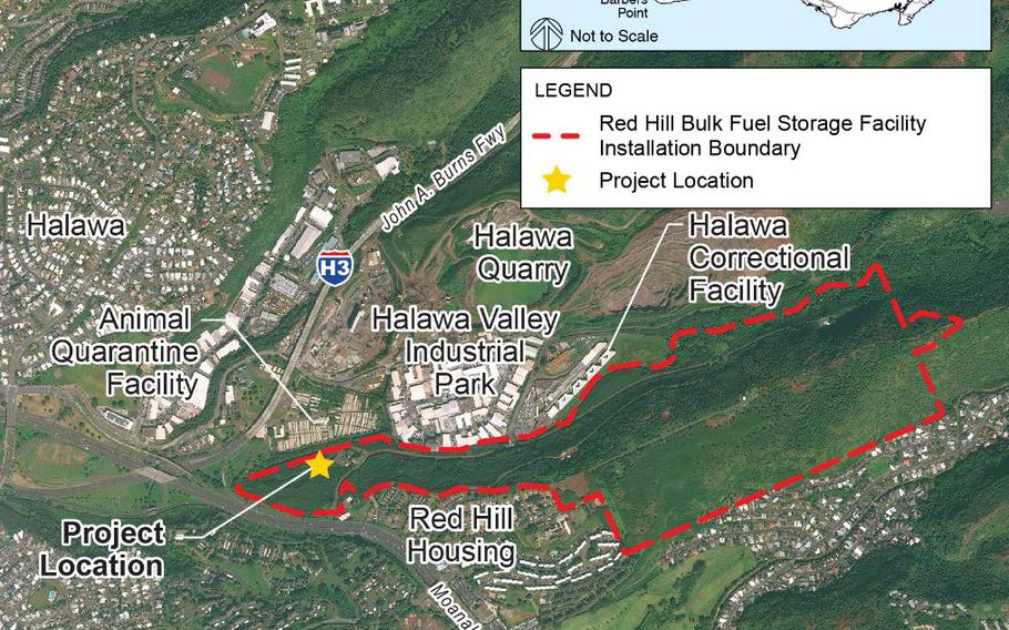 An overhead satellite image of Joint Base Pearl Harbor-Hickam with a dotted red line around an area.