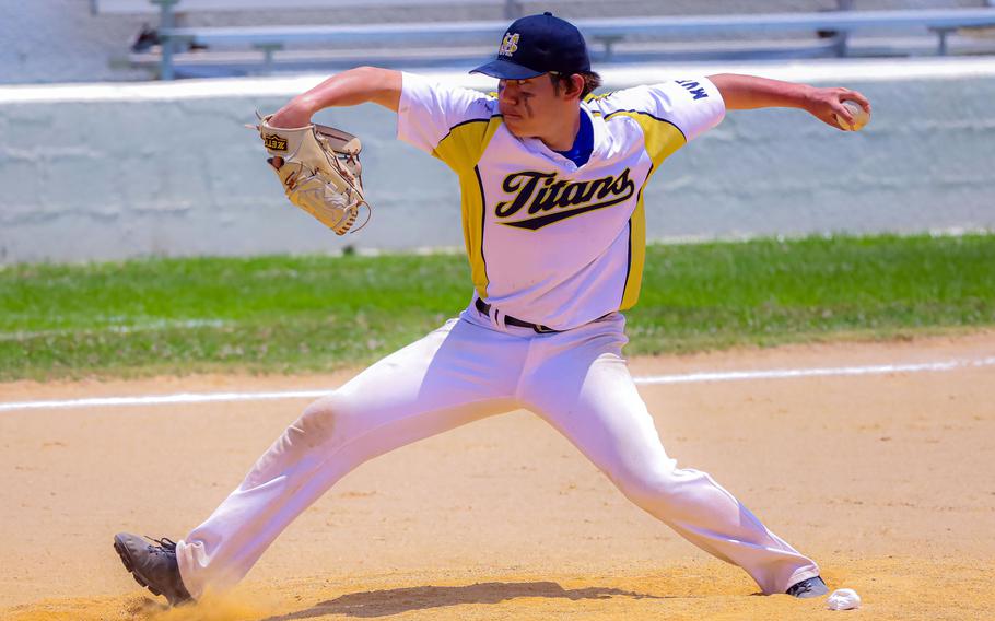 St. Mary's left-hander Raku Kodai delivers against American School In Japan during the Mustangs' 4-3 comeback semifinal victory over the Titans in the Far East Division I baseball tournament.