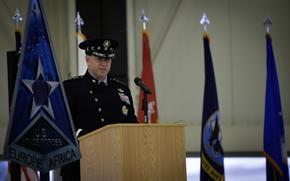 Gen. Chance Saltzman, chief of space operations for the U.S. Space Force, delivers a keynote address to military leaders, local government officials and unit members, Dec. 8, 2023, during the activation ceremony of the new U.S. Space Forces Europe and Africa component command at Ramstein Air Base, Germany.