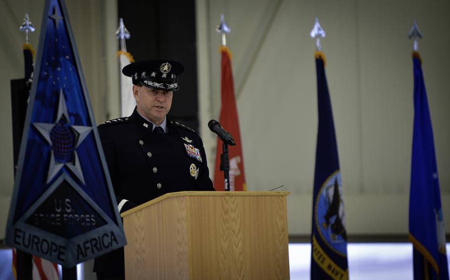Gen. Chance Saltzman, chief of space operations for the U.S. Space Force, delivers a keynote address to military leaders, local government officials and unit members, Dec. 8, 2023, during the activation ceremony of the new U.S. Space Forces Europe and Africa component command at Ramstein Air Base, Germany.