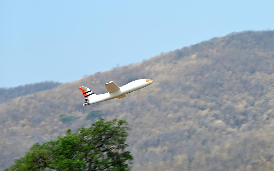 An MQM-170 Outlaw target drone takes off