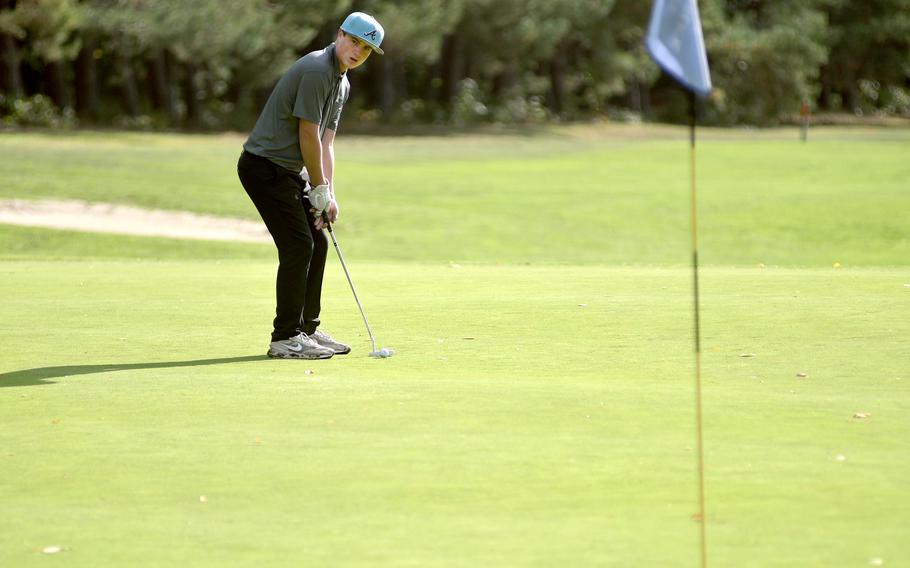 Brian Sanderson of Aviano prepares to putt on the No. 18 green Thursday during the DODEA European golf championships at the Rheinblick Golf Course in Wiesbaden, Germany.