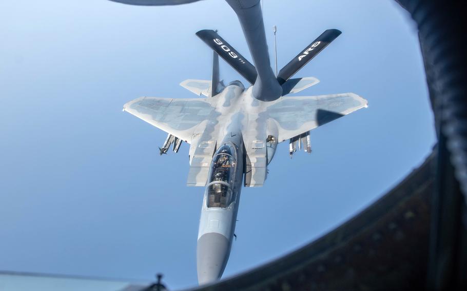 Pacific Air Forces commander Gen. Ken Wilsbach pilots an F-15D Eagle assigned to Kadena Air Base, Okinawa, somewhere over the Pacific Ocean, April 17, 2023. 