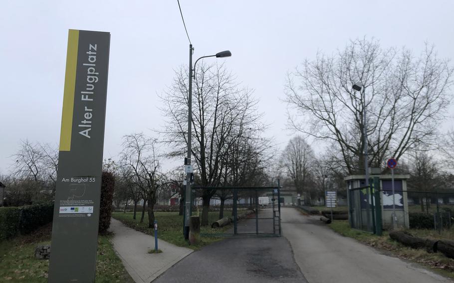 A former guard gate at Alter Flugplatz Frankfurt, as seen Dec. 18, 2023. Following the closure of the U.S. military base at the site, the airfield was transformed into public greenspace.