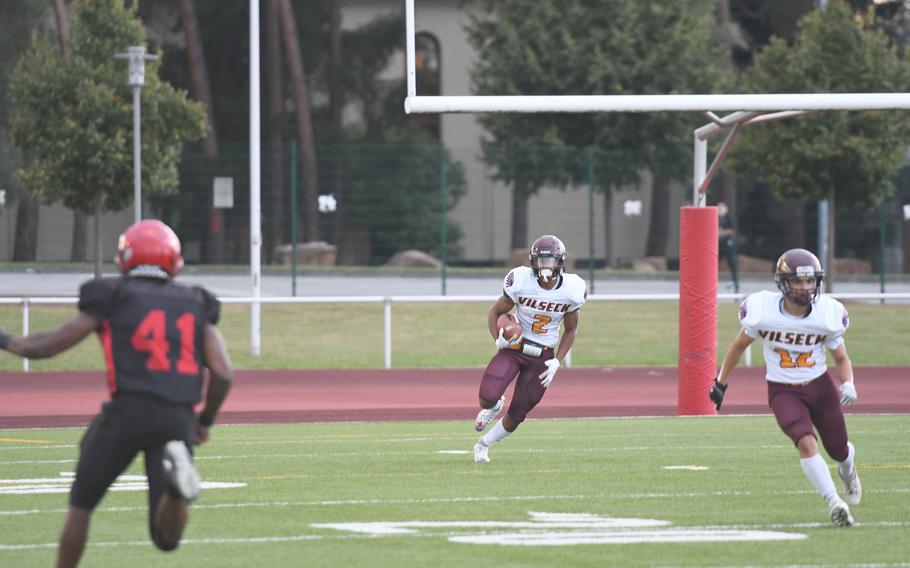 Vilseck's Aveion Ruffin returns the opening kickoff for 70 yards during a face-off against Kaiserslautern on the Raiders' home turf Friday, Sept. 17, 2021. The Raiders won 33-19 for a 2-0 season start.