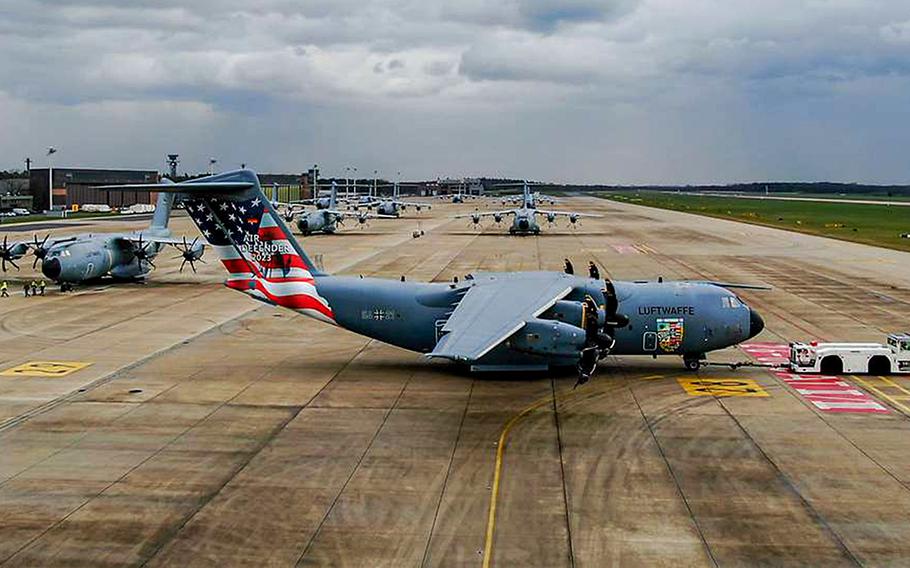 A German military Airbus A400M with special foil for the Air Defender 2023 exercise at Wunstorf Air Base, Germany.The exercise is billed as the largest demonstration of NATO airpower in the alliance's history.