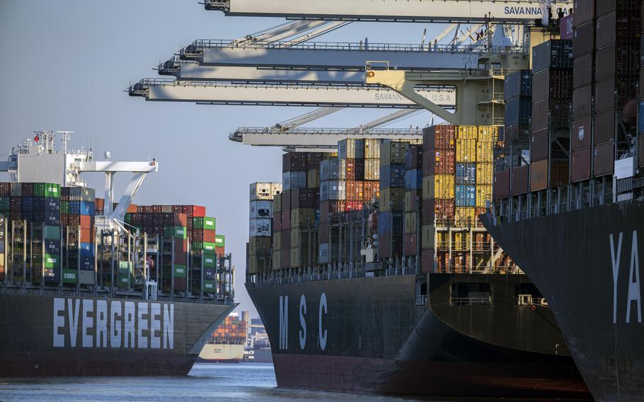 Container ships are seen at the Georgia Ports Authority’s Port of Savannah, on Sept. 29, 2021, in Savannah, Ga. As Americans have ramped up spending – fueled by vast infusions of government aid – supply chains have been squeezed by shortages of workers and raw materials, contributing to soaring inflation rates. 