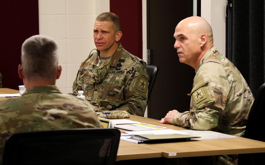 Sgt. Maj. of the Army Michael Grinston receives a brief about the Sergeant Major Assessment Program at Fort Knox, Ky., on Nov. 18, 2020.  The program was conducted similarly to the Battalion Commander Assessment Program by gaining more information about sergeants major before selecting them for battalion command sergeant major positions or other key billets.