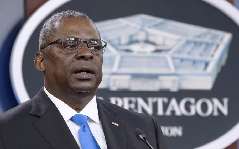 Defense Secretary Lloyd Austin speaks at a press briefing at the Pentagon in Washington on July 21, 2021. Austin has said he is working expeditiously to make the COVID-19 vaccine mandatory for military personnel and is expected to ask Biden to waive a federal law that requires individuals be given a choice if the vaccine is not fully licensed. 