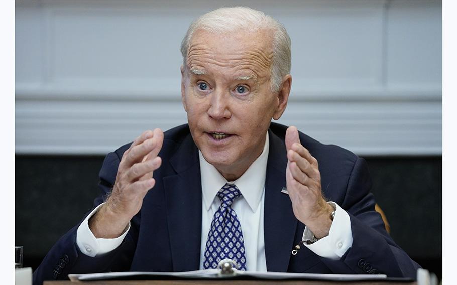 President Joe Biden speaks during a meeting with his “Investing in America Cabinet,” in the Roosevelt Room of the White House, on May 5, 2023, in Washington. 