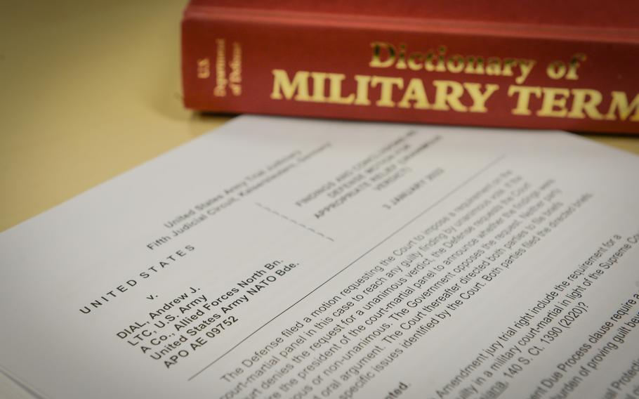 Army Lt. Col. Andrew J. Dial was convicted on an attempted sexual assault charge while being acquitted of indecent conduct and abusive sexual contact charges during a court-martial at Kleber Kaserne in Kaiserslautern, Germany, on Jan. 7, 2023.