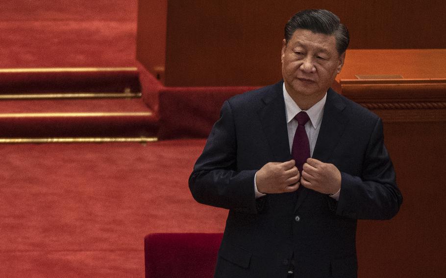 Chinese President Xi Jinping at a ceremony to honor contributions to the Beijing 2022 Winter Olympics and Paralympics at the Great Hall of the People on April 8, 2022, in Beijing.