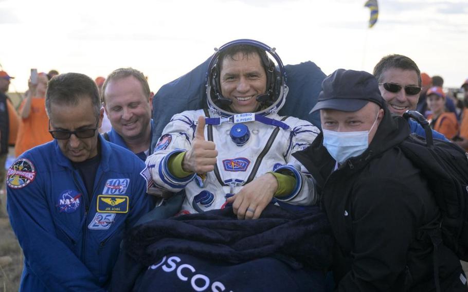 Expedition 69 NASA astronaut Frank Rubio is carried to a medical tent shortly after he and Roscosmos cosmonauts Dmitri Petelin and Sergey Prokopyev landed in their Soyuz MS-23 spacecraft near the town of Zhezkazgan, Kazakhstan, on Sept. 27, 2023. The trio returned to Earth after logging 371 days in space. For Rubio, his mission was the longest single spaceflight by a U.S. astronaut in history. (NASA courtesy photo by Bill Ingalls)
