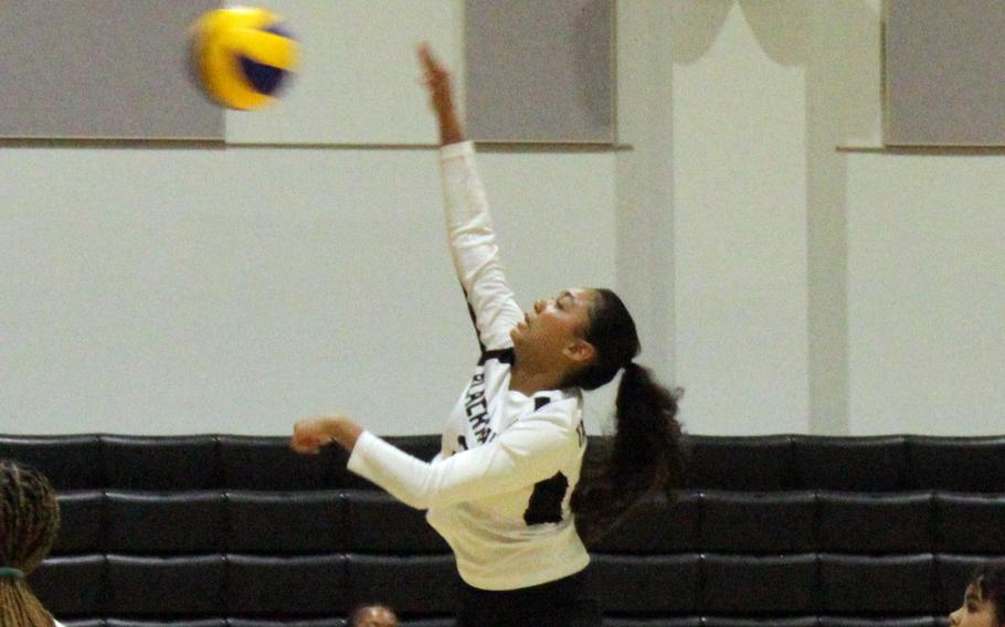 Humphreys' Alexandria Tabaquero hits an overhand spike against Seoul Foreign during Wednesday's Korea girls volleyball match. The Blackhawks won in four sets.