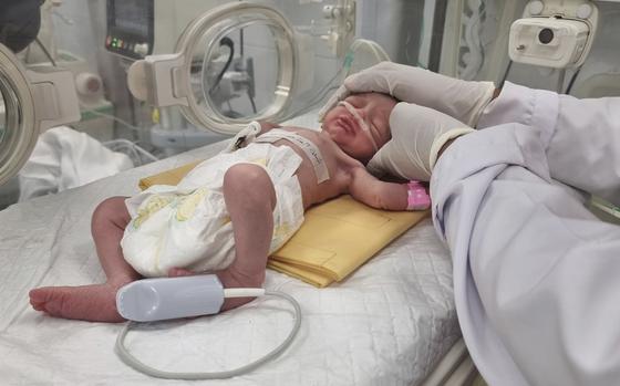 A Palestinian baby girl, Sabreen Jouda, who was delivered prematurely after her mother was killed in an Israeli strike along with her husband and daughter, lies in an incubator in the Emirati hospital in Rafah, southern Gaza Strip. Sunday, April 21, 2024.