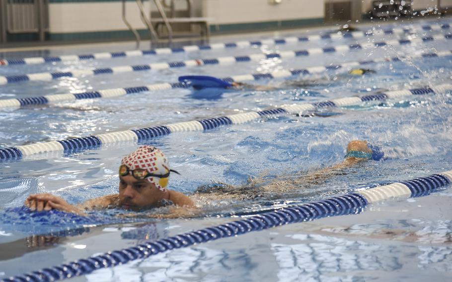 Tech. Sgt. Lucas Hilmo of the 374th Aircraft Maintenance Squadron practices his kicking technique during the master’s advanced swimming course at Yokota Air Base, Japan, Friday, May 27, 2022.