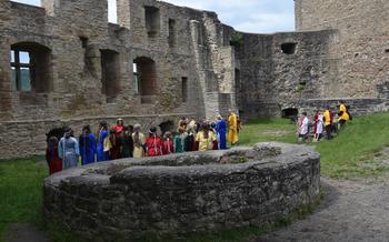 Schoolchildren on a field trip explore Lichtenberg Castle in Middles Ages garb. Much of the castle was destroyed by a fire in 1799, but there’s still plenty to see on the castle grounds.