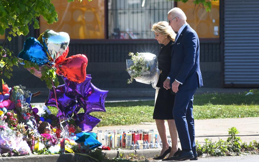On May 17, President Joe Biden and first lady Jill Biden visited the memorial across the street from the scene of a deadly mass shooting at a Tops Supermarket in Buffalo, N.Y., on May 14.