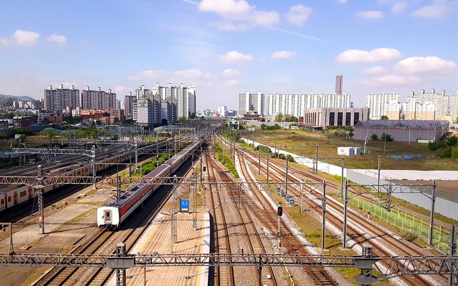 Trains arrive at and depart Yongsan Station in Seoul, South Korea, in this undated photo.