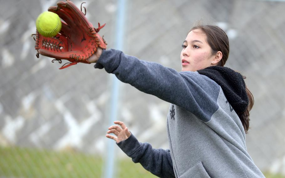 Julia Petroff, a sophomore, is back for her second year as starting pitcher for Kadena's softball team.
