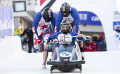 U.S. Army Spc. Frank Del Duca drives for the U.S. team in the Men’s 4-Bob World Cup in St. Moritz, Switzerland, Jan. 14, 2022. 
