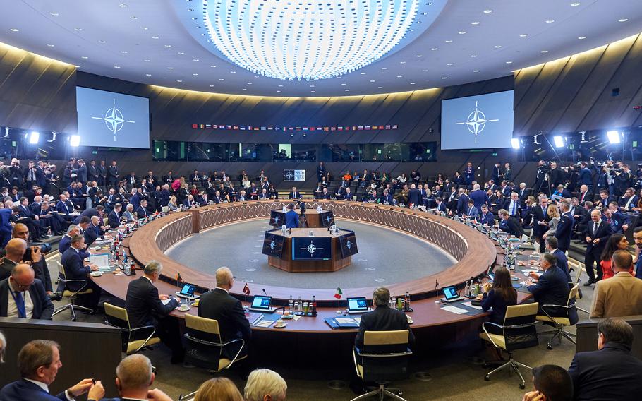 A view of the summit of NATO heads of state at the organization’s headquarters in Brussels, March 24, 2022, to discuss the Russian invasion of Ukraine.