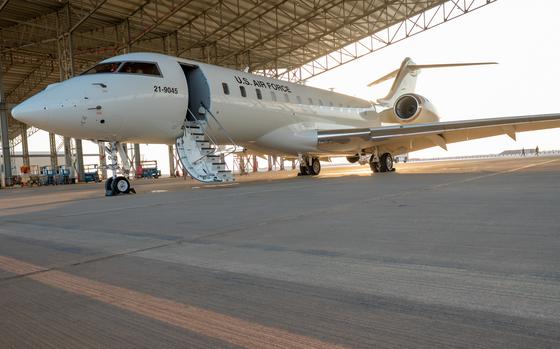 A new U.S. Air Force E-11A arrives at Prince Sultan Air Base in Saudi Arabia on Dec. 16, 2022. The jet's Battlefield Airborne Communications Node, or BACN, extended communications range for many units.
