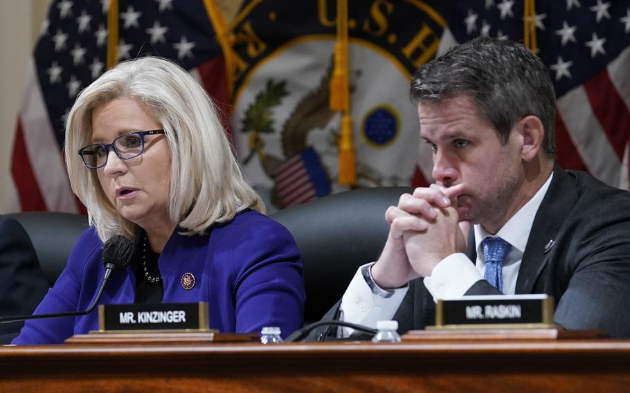 Rep. Liz Cheney, R-Wyo., and Rep. Adam Kinzinger, R-Ill., listen as the House select committee tasked with investigating the Jan. 6 attack on the U.S. Capitol meets to hold Steve Bannon, one of former President Donald Trump’s allies in contempt, on Capitol Hill in Washington, Tuesday, Oct. 19, 2021. 
