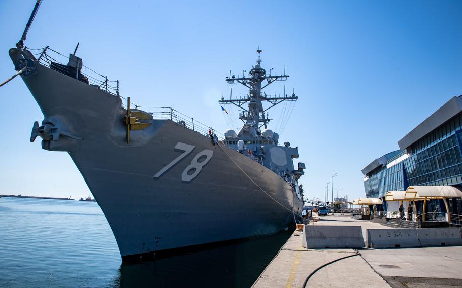 The destroyer USS Porter is moored at the Romanian Black Sea port city of Constanta, Aug. 12, 2019. The U.S. has spent the most time patrolling the Black Sea among its NATO allies, but overall presence has dropped since 2014, according to a Stars and Stripes data analysis.