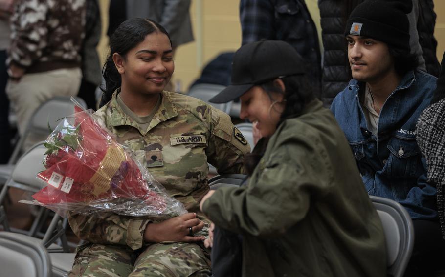 A Washington National Guard soldier with the 506th Military Police Detachment, 420th Chemical Battalion, 96th Troop Command, during a ceremony on Joint Base Lewis-McChord, Wash., Oct. 29, 2023. The detachment is deploying to Jordon in support of Operation Spartan Shield. 
