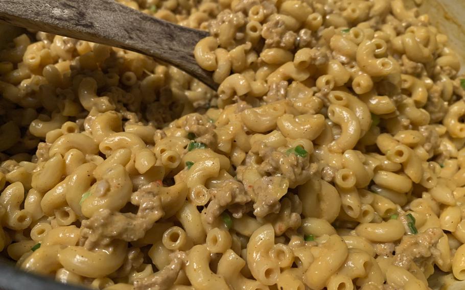 A homemade “Hamburger Helper” dish, made with caramelized onions and white wine, appears on Oct. 29, 2021. The recipe is available on the New York Times cooking app. 