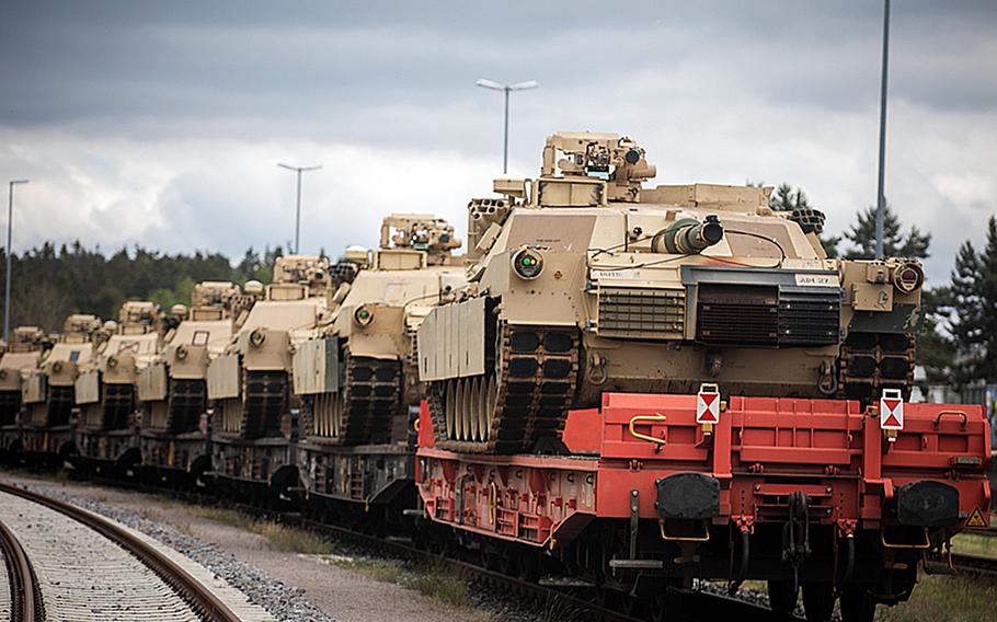 Abrams tanks are transported via rail.