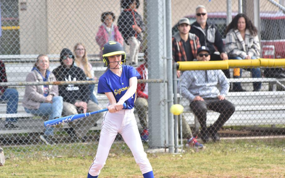 Sigonella's Jaelynne Rosier prepares to make contact with the ball during a game against the Aviano Saints on Saturday, March 19, 2023 at Aviano Air Base, Italy.